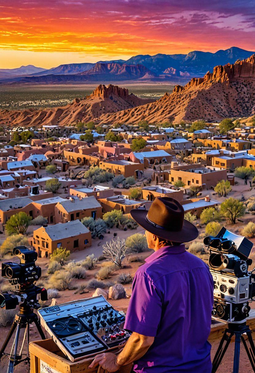 A panoramic view of New Mexico's iconic landscapes with majestic mesas, vibrant deserts, and historic adobe buildings. In the foreground, a film director holding a megaphone, with film reels, cameras, and clapperboards scattered around. Sunsets with brilliant oranges and purples cast a magical glow over the scene. Painting style.