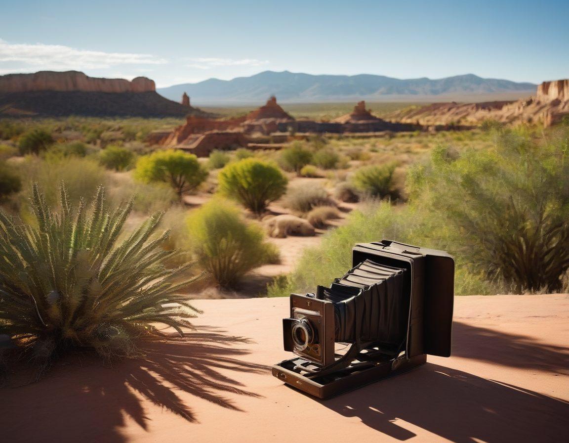 A panoramic view of New Mexico featuring iconic cinematic landscapes with hidden gems such as secluded desert scenes, historic pueblos, and a vintage film set. Include soft sunlight casting dramatic shadows and an old-fashioned movie camera in the foreground. painting. vibrant colors.