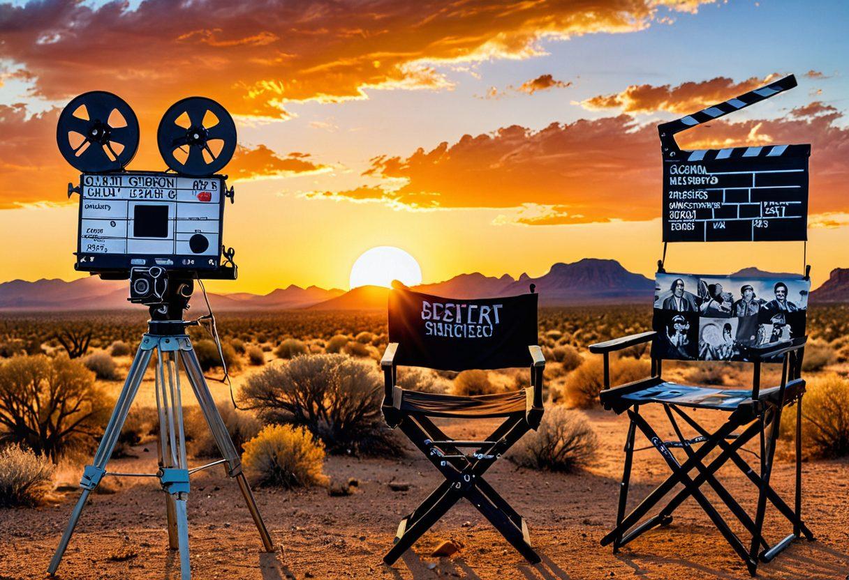 A scenic desert landscape of New Mexico with a classic film camera and director's chair placed prominently in the foreground. In the background, an ethereal sunset illuminates iconic landmarks intertwined with film reels, clapper boards, and movie posters. Silhouettes of filmmakers and actors in action bring the journey from dreams to reality. Cinematic and magical ambiance. painting. vibrant colors.